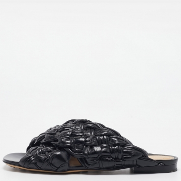Pre Owned Bottega Veneta Black Intrecciato Leather The Board Flat Slides Size 40.5 