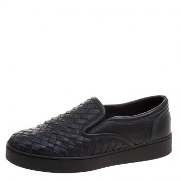Pre Owned Bottega Veneta Black Intrecciato Leather Slip On Sneakers Size 37