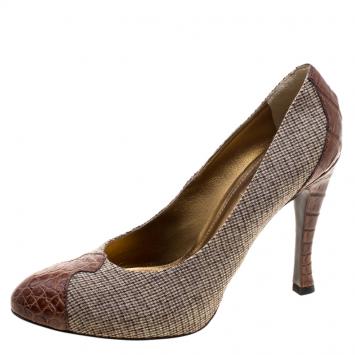 Pre Owned Bottega Veneta Beige Fabric and Croc Leather Almond Toe Pumps Size 38