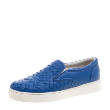 Pre Owned Bottega Veneta Blue Intrecciato Leather Slip On Sneakers Size 37