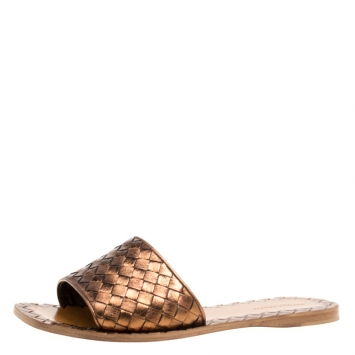 Pre Owned Bottega Veneta Metallic Bronze Intrecciato Leather Flat Slides Size 37