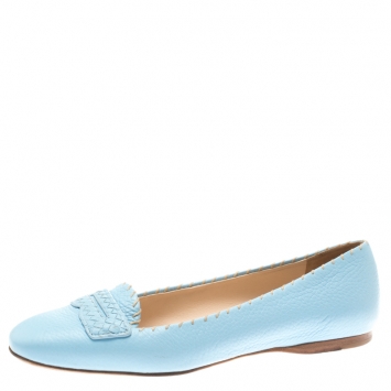Pre Owned Bottega Veneta Blue Leather Ballet Flats Size 38