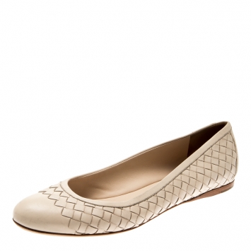 Pre Owned Bottega Veneta Beige Intrecciato Leather Ballet Flats Size 39