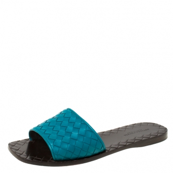 Pre Owned Bottega Veneta Blue Intreciatto Leather Slip On Slide Size 36