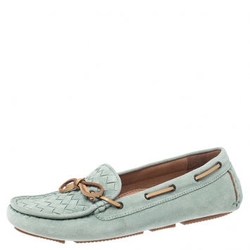 Pre Owned Bottega Veneta Mint Green/Beige Intrecciato Suede Bow Loafers Size 38.5