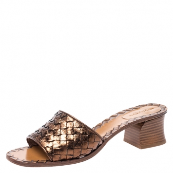Pre Owned Bottega Veneta Metallic Bronze Intrecciato Leather Ravello Flat Slides Size 38