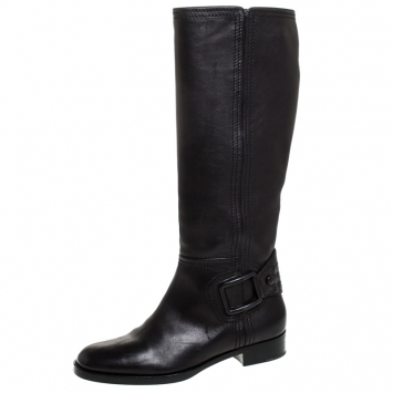 Pre Owned Bottega Veneta Black Leather Intrecciato Buckle Detail Knee Long Boots Size 39