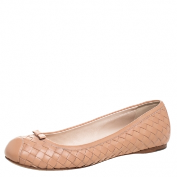 Pre Owned Bottega Veneta Beige Intrecciato Leather Ballet Flats Size 37.5