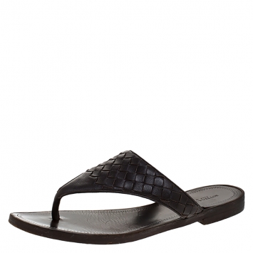 Pre Owned Bottega Veneta Brown Intrecciato Leather Thong Flats Size 36