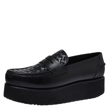Pre Owned Bottega Veneta Black Intrecciato Leather Platform Loafers Size 39