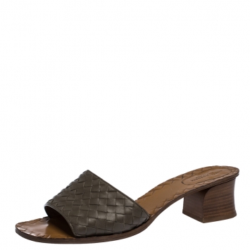 Pre Owned Bottega Veneta Grey Intrecciato Leather Ravello Slide Sandals Size 41