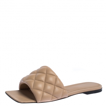 Pre Owned Bottega Veneta Beige Padded Quilted Leather Flat Slides Size 37
