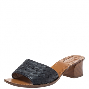 Pre Owned Bottega Veneta Black Intrecciato Leather Ravello Slide Sandals Size 40