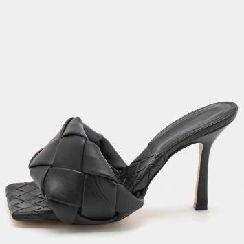 Pre Owned Bottega Veneta Black Intrecciato Leather Lido Slide Sandals Size 37