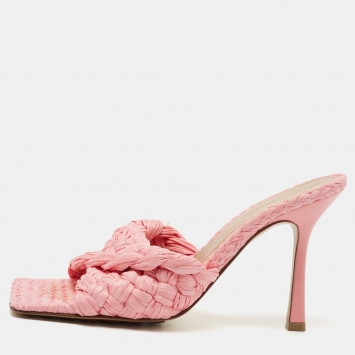Pre Owned Bottega Veneta Pink Woven Raffia Slide Sandals Size 38.5