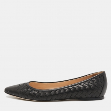 Pre Owned Bottega Veneta Black Intrecciato Leather Ballet Flats Size 39.5