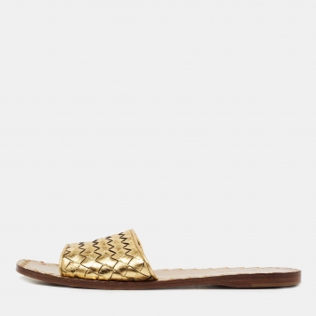 Pre Owned Bottega Veneta Gold Intrecciato Leather Flat Slides Size 37.5