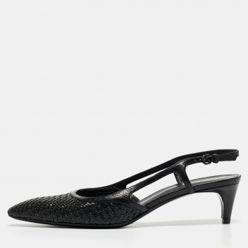 Pre Owned Bottega Veneta Black Intrecciato Leather Slingback Pumps Size 39.5