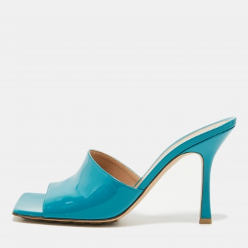 Pre Owned Bottega Veneta Torquise Blue Patent Leather Stretch Square Toe Flat Slides Size 39.5