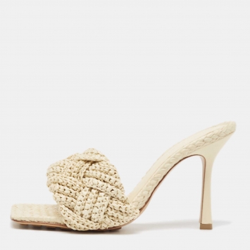 Pre Owned Bottega Veneta Cream Raffia Lido Slides Size 39  