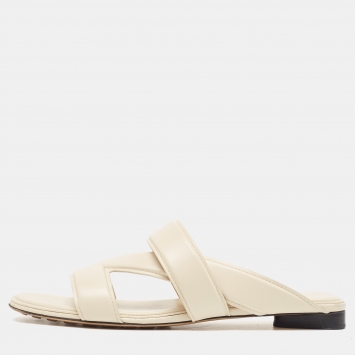 Pre Owned Bottega Veneta Cream Leather Strappy Slides Size 40