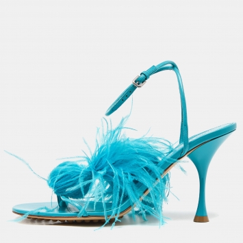 Pre Owned Bottega Veneta Light Blue Leather and Feather Sot Sandals Size 40