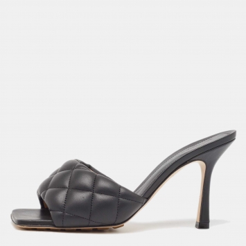 Pre Owned Bottega Veneta Black Quilted Leather Slide Sandals Size 37.5