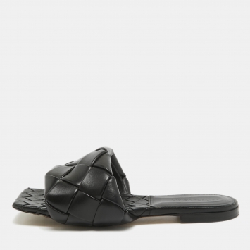 Pre Owned Bottega Veneta Black Woven Leather Flat Slides Size 41