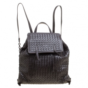 Pre Owned Bottega Veneta Dark Brown Intrecciato Leather Drawstring Flap Backpack