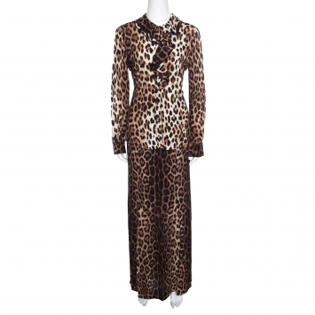 Pre Owned Boutique Moschino Brown Leopard Print Blouse and Maxi Skirt Set M/S