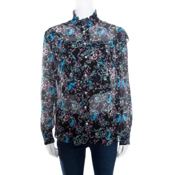 Pre Owned Boutique Moschino Black Abstract Floral Print Ruffle Detail Crinkled Silk Blouse S