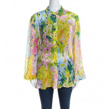 Pre Owned Boutique Moschino Watercolor Floral Printed Sheer Chiffon Shirt L