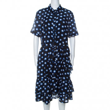 Pre Owned Boutique Moschino Black and Blue Polka Dot Cotton Ruffle Trim Belted Dress L 