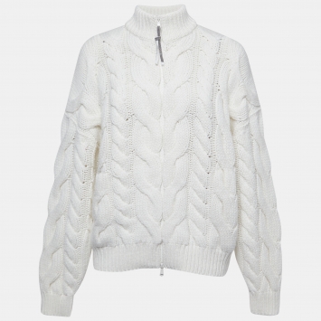 Pre Owned Brunello Cucinelli White Cashmere Cable-Knit Zip-Up Jacket M