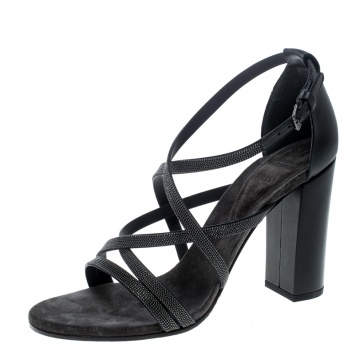 Pre Owned Brunello Cucinelli Metallic Grey Embellished Cross Strap Block Heel Sandals Size 39