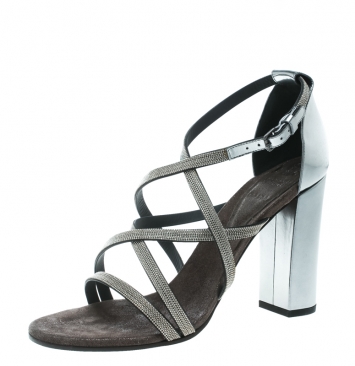 Pre Owned Brunello Cucinelli Metallic Silver Leather Embellished Cross Strap Block Heel Sandals Size 40