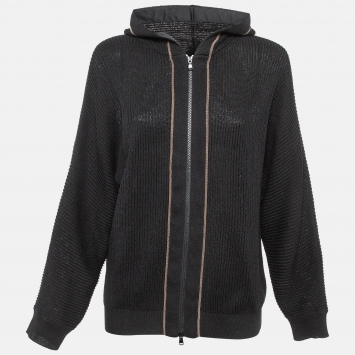 Pre Owned Brunello Cucinelli Black Embellished Rib Knit Hooded Jacket L