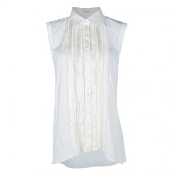 Pre Owned Brunello Cucinelli White Pintucked Ruffle Detail Sleeveless Shirt XXL