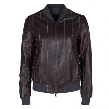 Pre Owned Brunello Cucinelli Brown Leather Embellished Zip Front Bomber Jacket S