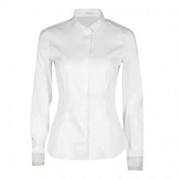 Pre Owned Brunello Cucinelli White Contrast Mesh Cuff Detail Long Sleeve Shirt S