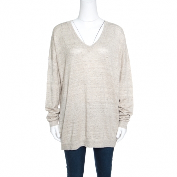 Pre Owned Brunello Cucinelli Beige Metallic Knit Linen Long Sleeve Sweater XXL