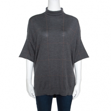 Pre Owned Brunello Cucinelli Grey Cashmere Lurex Knit Drop Shoulder Turtleneck Sweater S