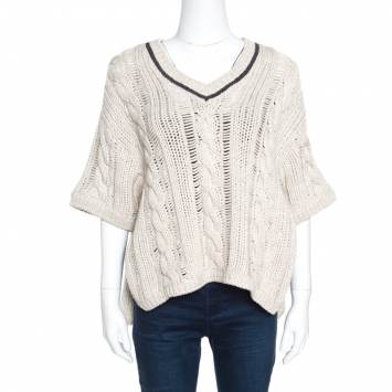 Pre Owned Brunello Cucinelli Beige Chunky Knit Monili Trim V Neck Sweater S