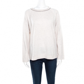 Pre Owned Brunello Cucinelli Cream and Grey Melange Cashmere Monili Neck Trim Detail Sweater M