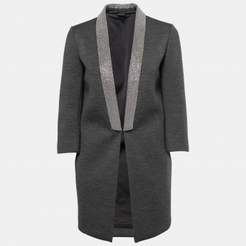 Pre Owned Brunello Cucinelli Grey Wool Knit Embellished Lapel Blazer S