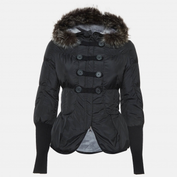Pre Owned Brunello Cucinelli Black Fur Collar Synthetic Peplum Puffer Jacket S