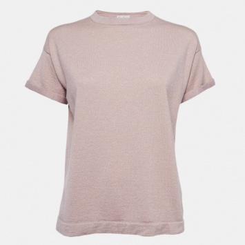 Pre Owned Brunello Cucinelli Dusty Pink Lurex Knit Folded Sleeves Top L
