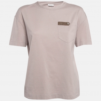 Pre Owned Brunello Cucinelli Tan Cotton Embellished T-Shirt S