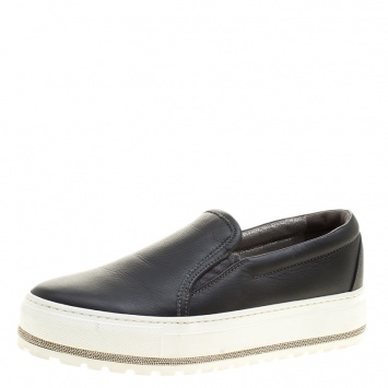 Pre Owned Brunello Cucinelli Black Leather Slip On Sneakers Size 37.5