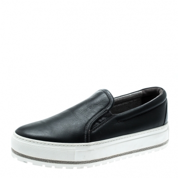 Pre Owned Brunello Cucinelli Black Leather Slip On Sneakers Size 39.5